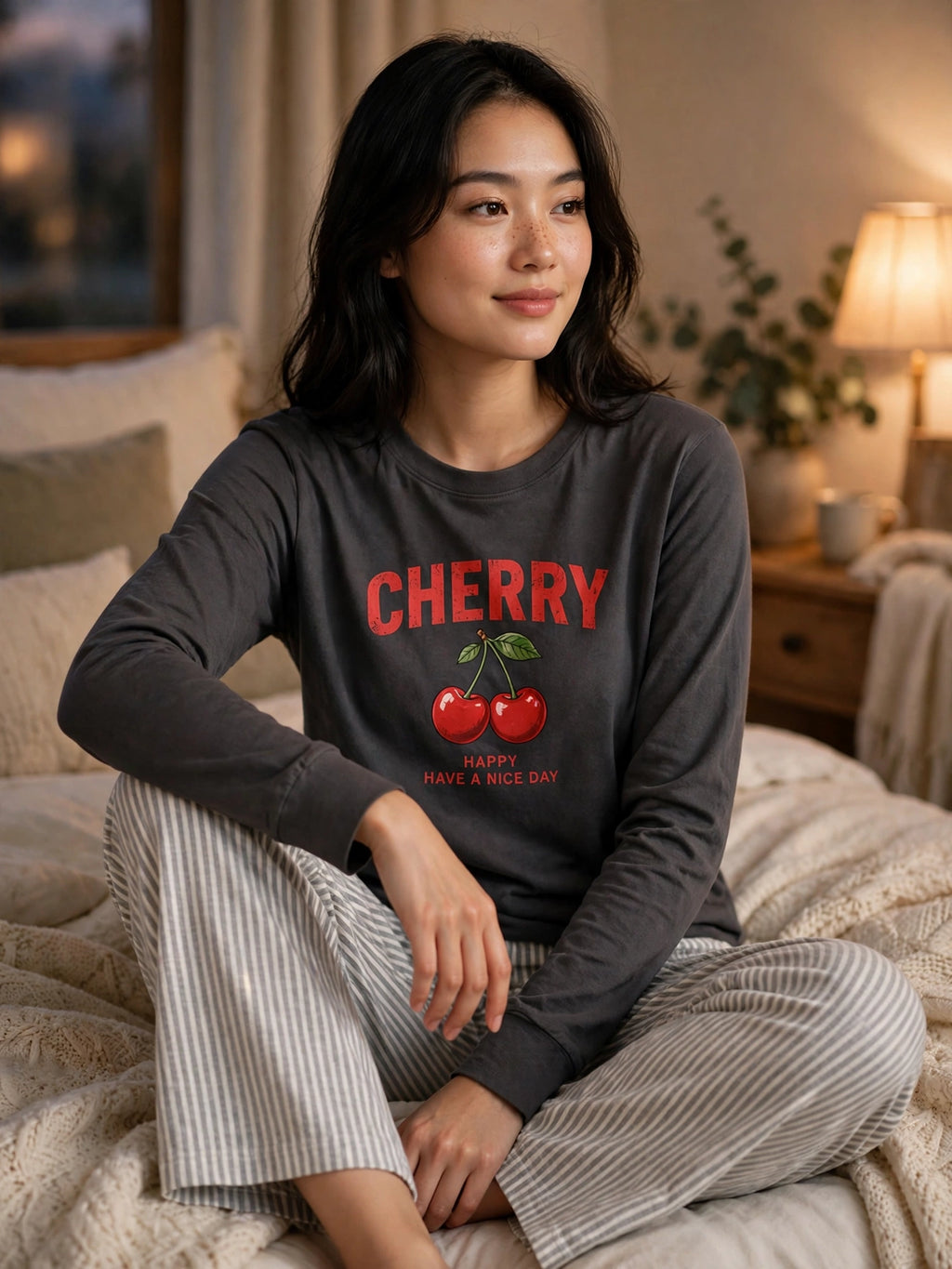 Cherry Night Suit - Charcoal