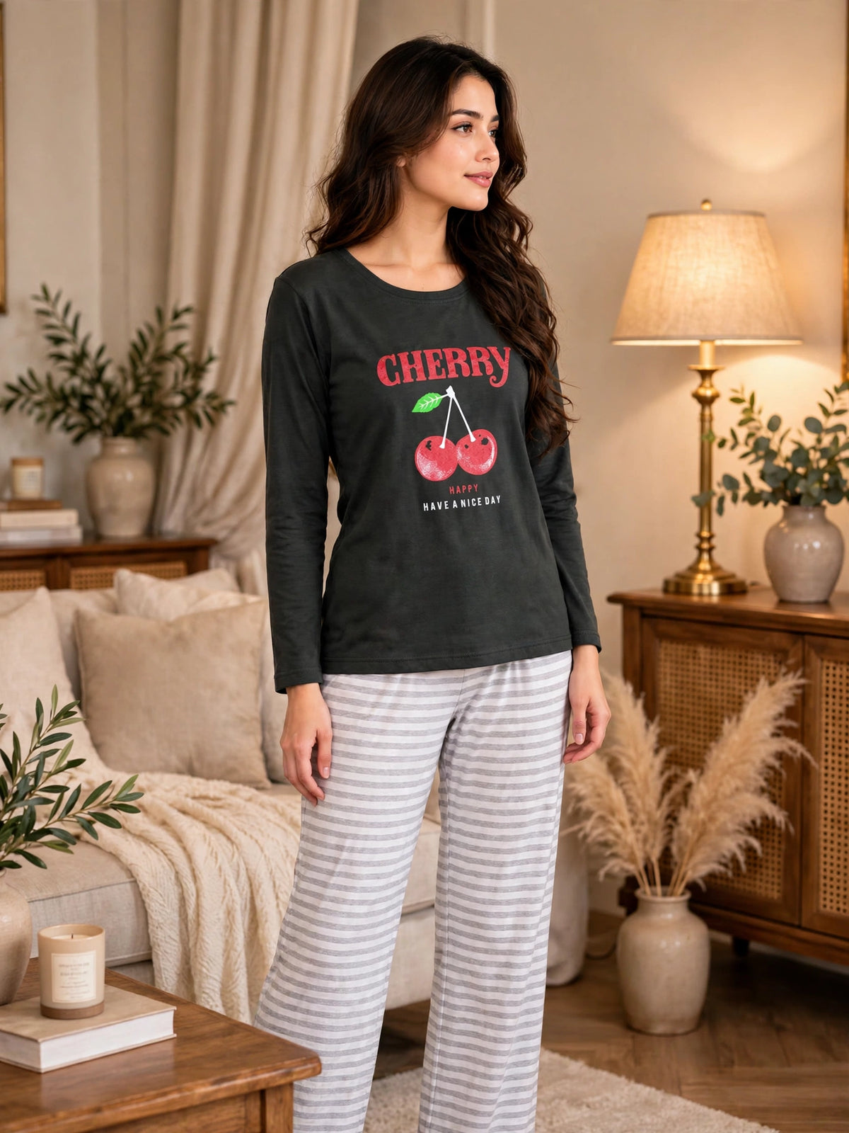 Cherry Night Suit - Charcoal