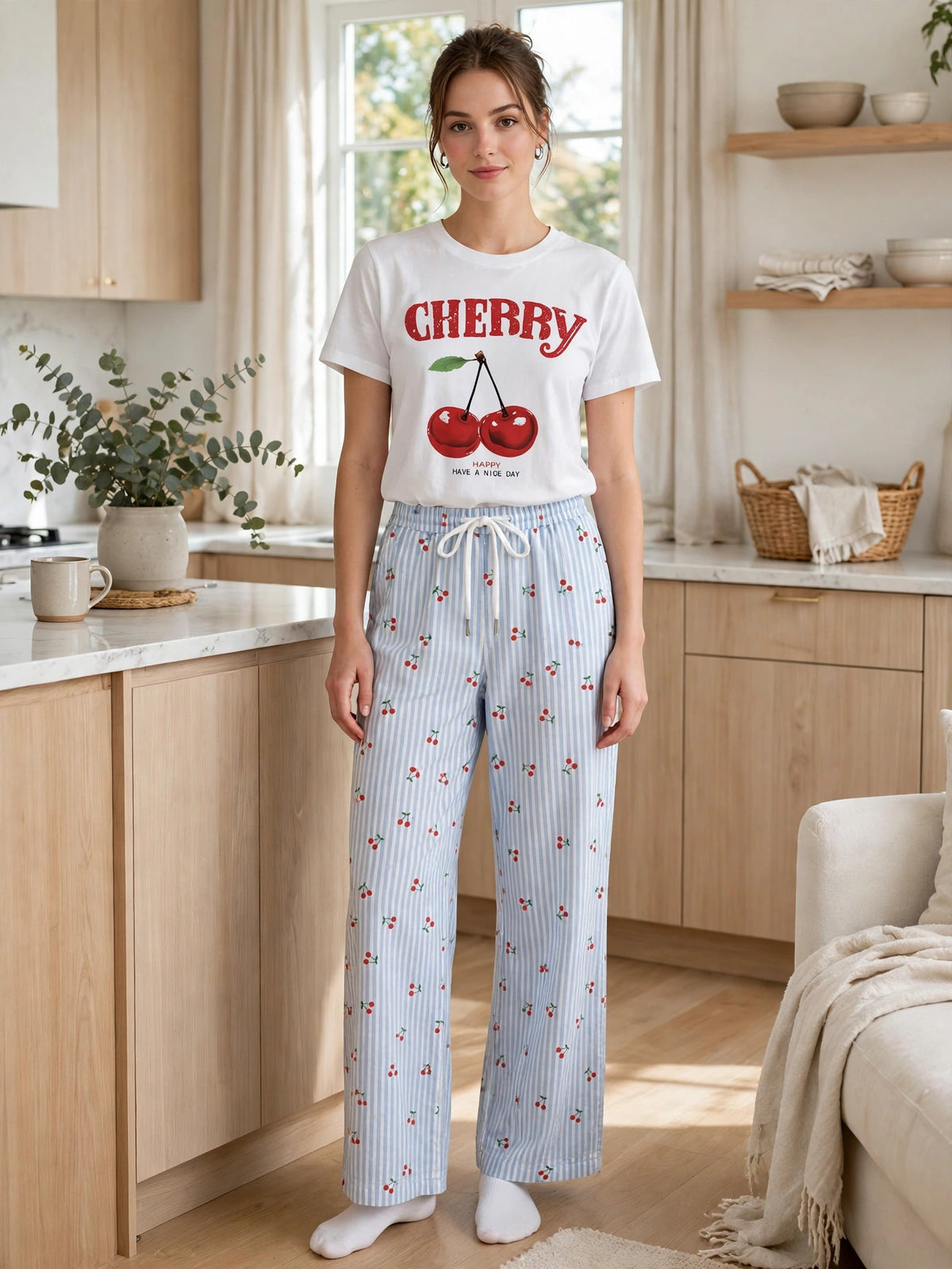 Cherry Stripes Loungewear Set - White