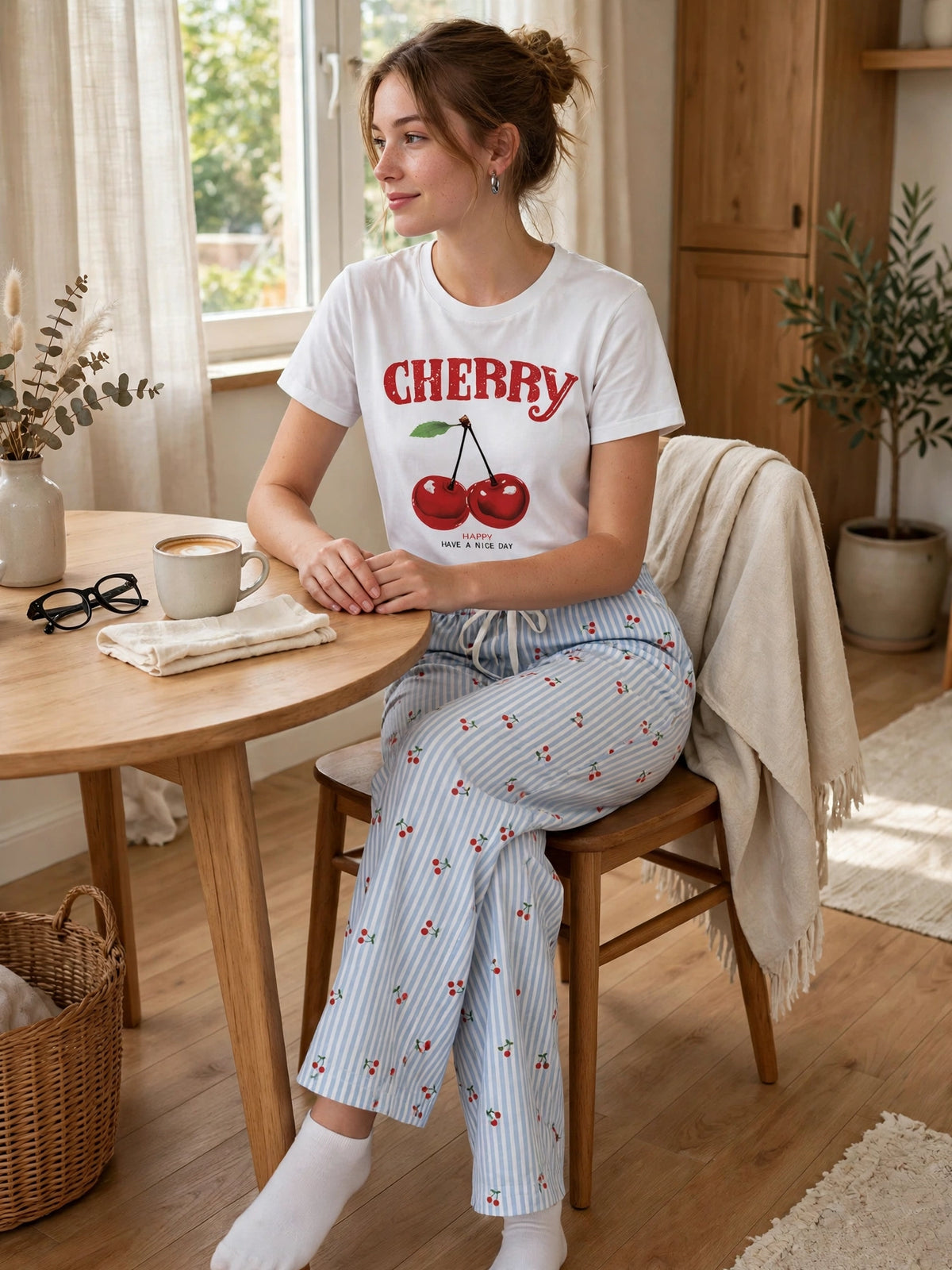 Cherry Stripes Loungewear Set - White