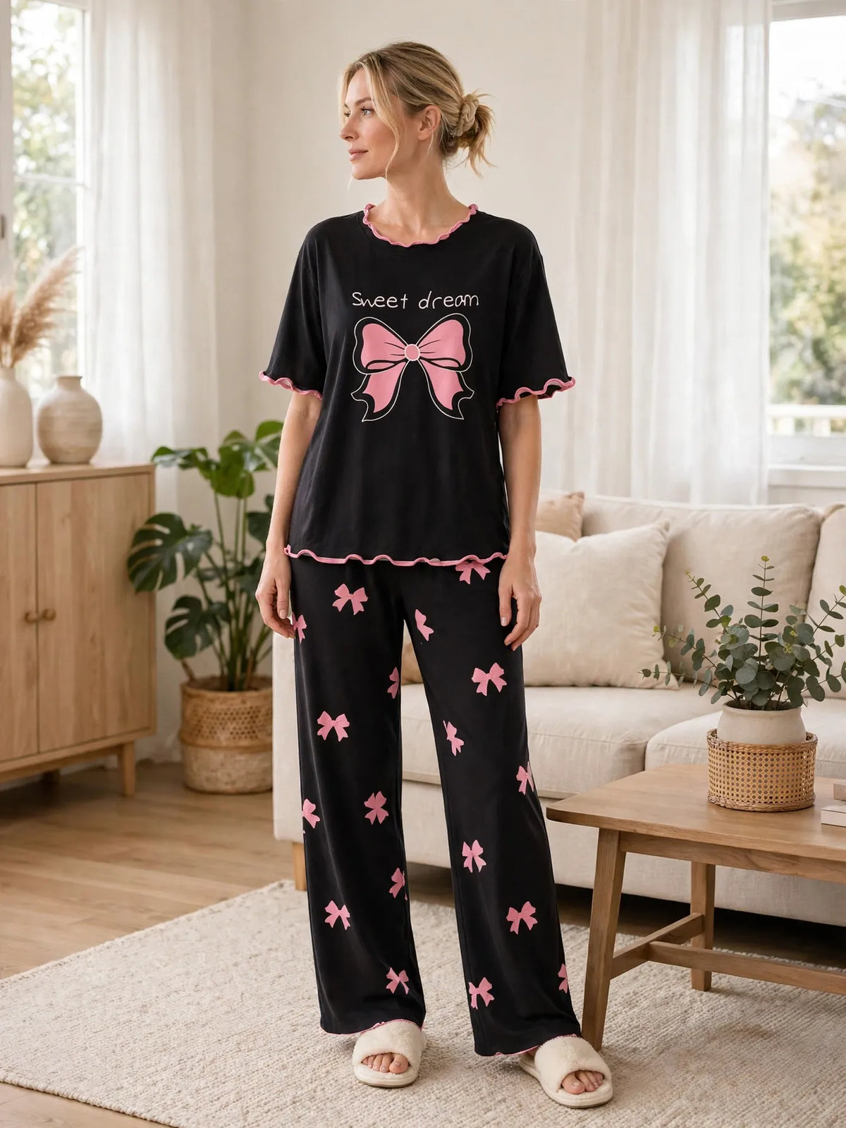 Sweet Dream Bow Loungewear Set - Black