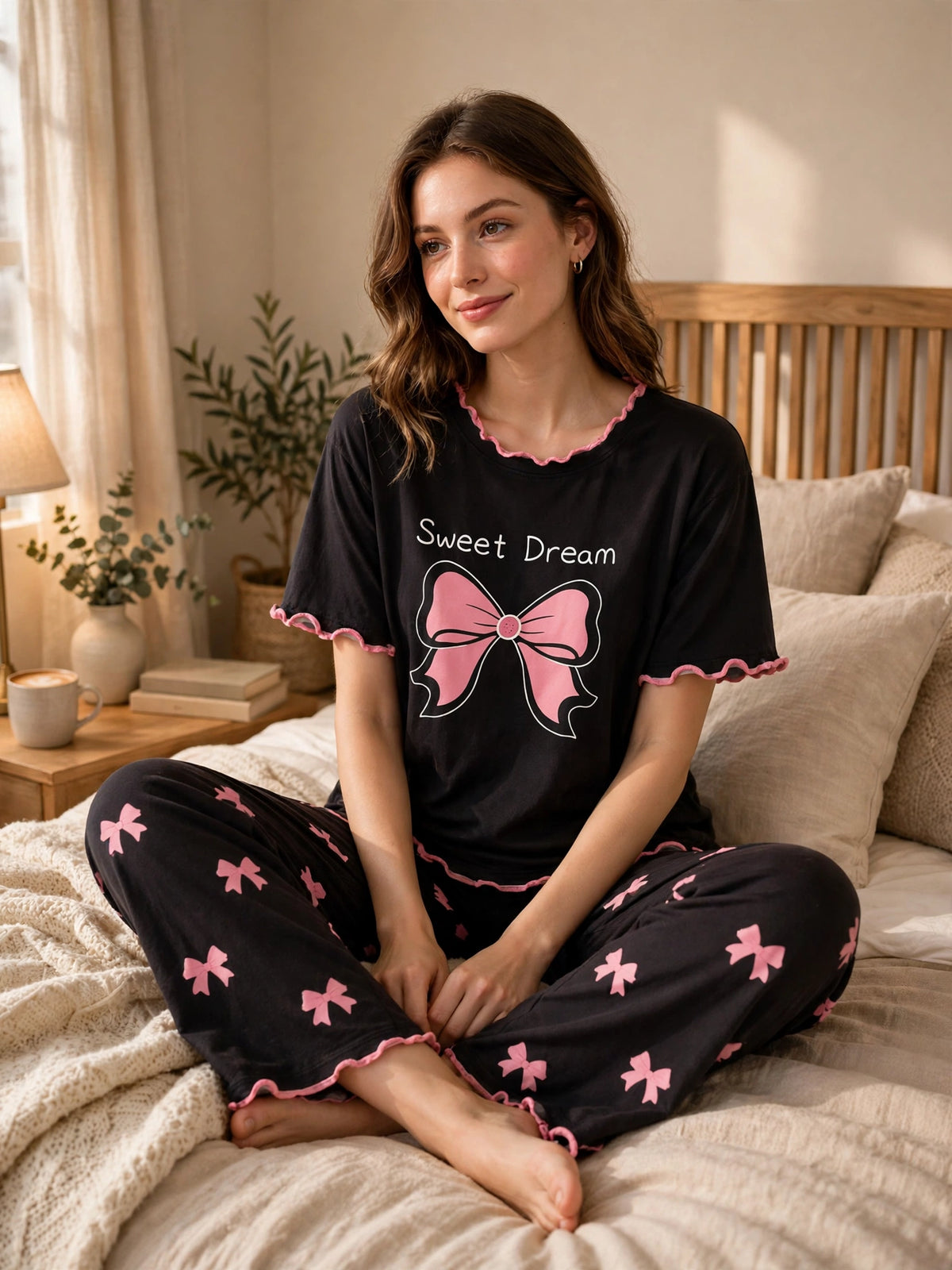 Sweet Dream Bow Loungewear Set - Black