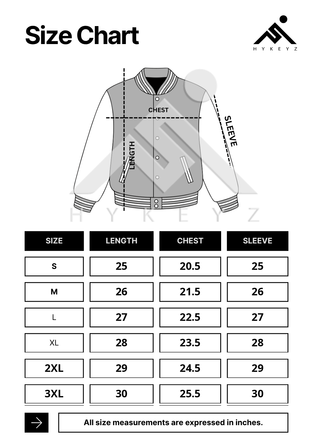 HYKEYZ Jacket Size Chart