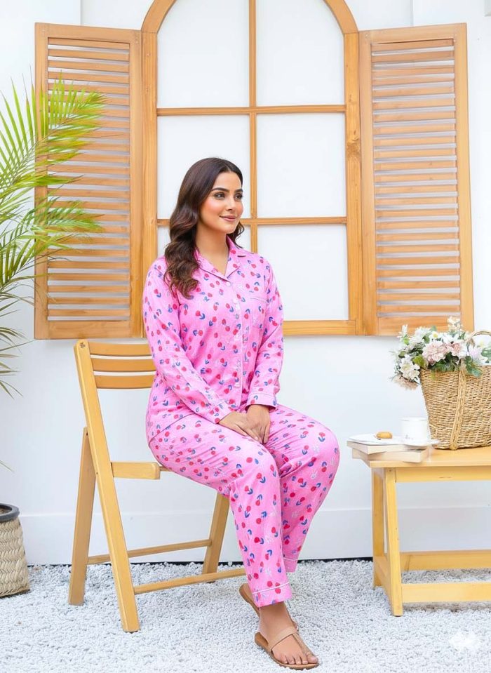 Imported Linen Printed Pink Rose PJ Set-LP4 - Image 3
