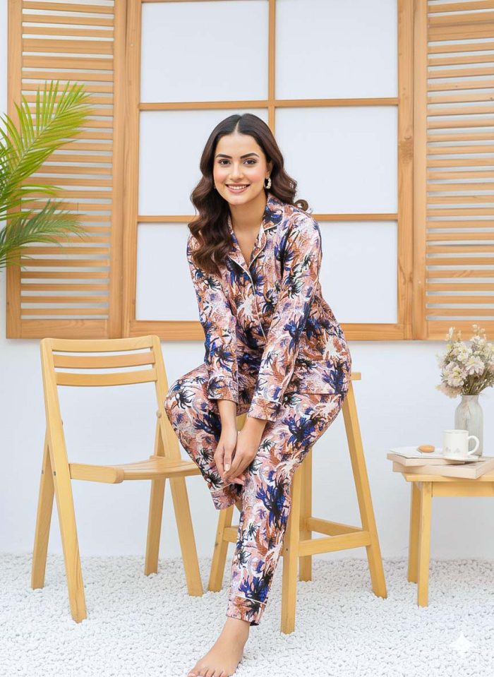 Imported Linen Printed Tree Pattern PJ Set-LP7 - Image 4